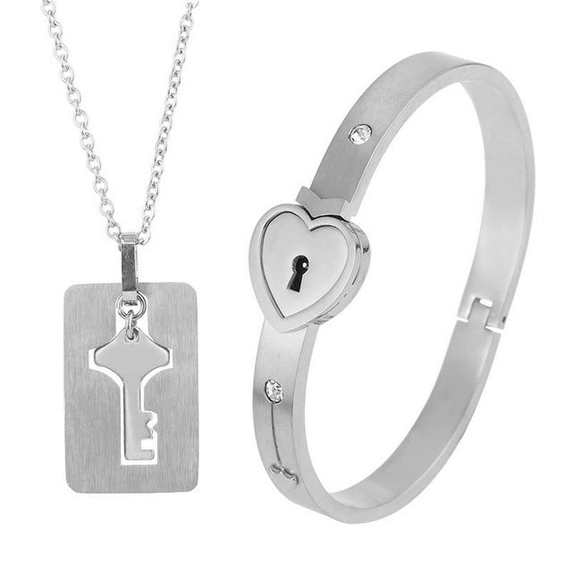 Titanium Couple Love Lock Bracelet & Necklace with Key Set | AccessoryZ